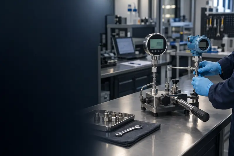 Pressure gauges on a calibration bench